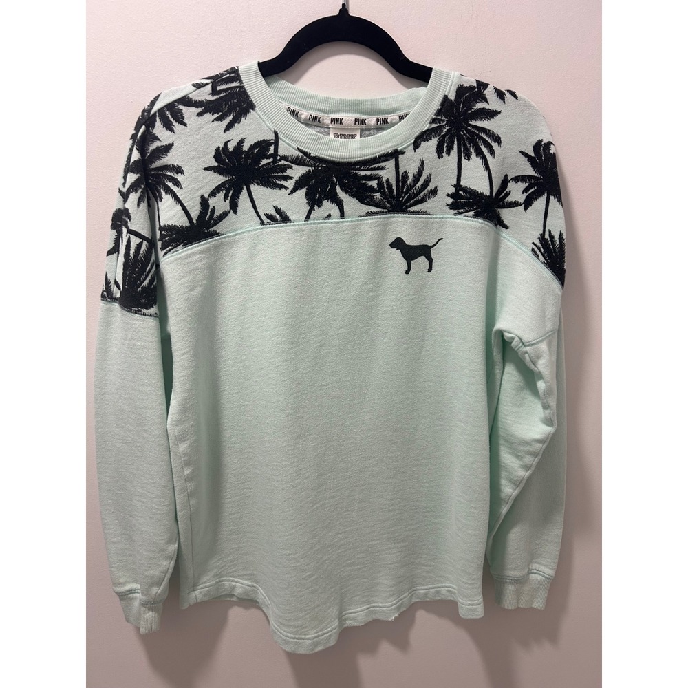Victoria's Secret PINK Mint Green Palm Tree Sweatshirt XS Crewneck Tropical - Picture 1 of 10